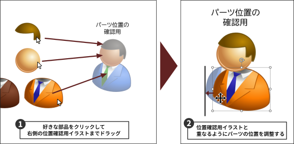 ビジネスマンのパーツイラストを組み合わせ、好みのイラストを作成するための手順の説明